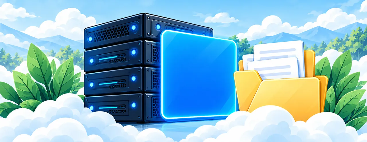 Server stack beside an archive folder of stored articles