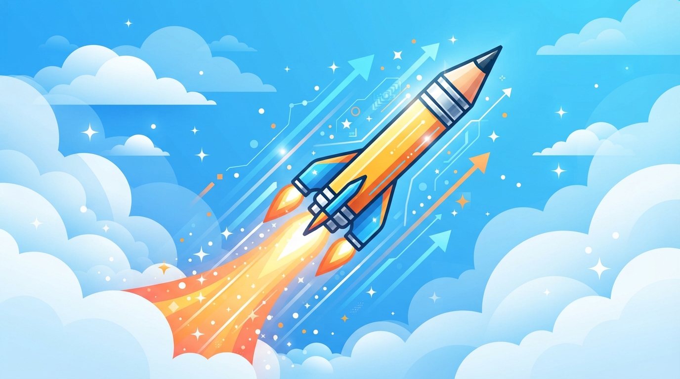 A pencil shaped like a rocket climbing through blue skies
